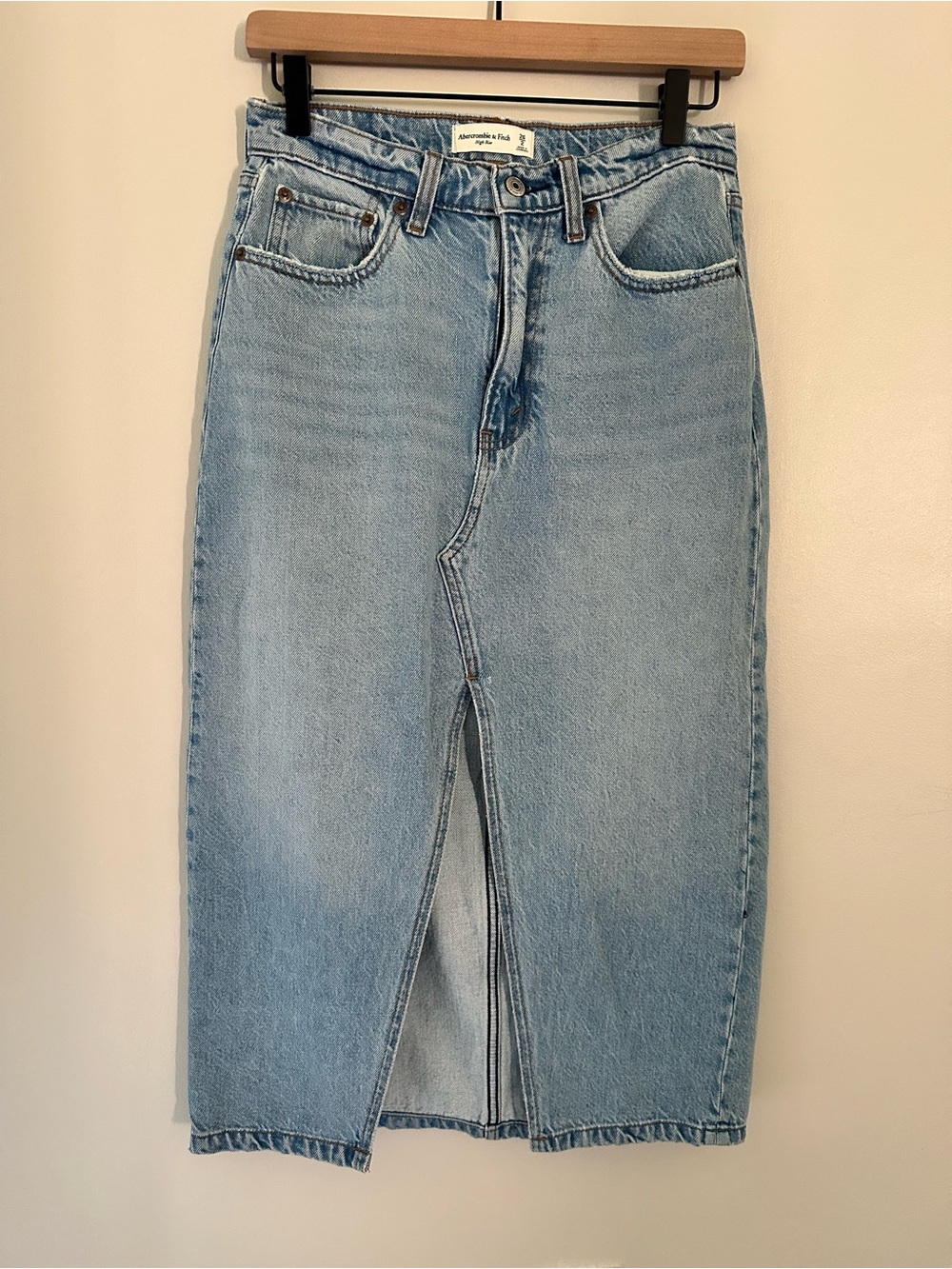 Abercrombie Light Blue Denim Midi Skirt with Front Slit